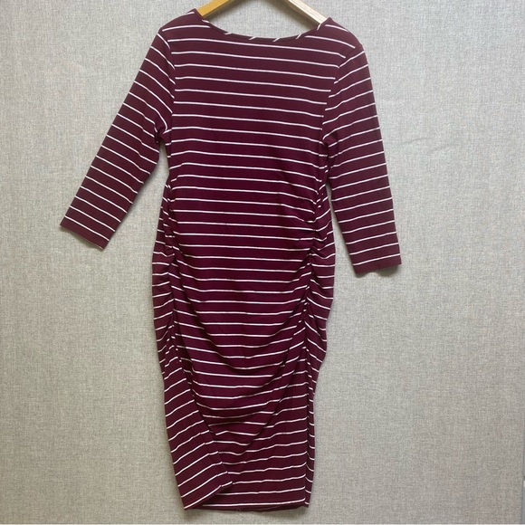 Isabel Maternity Size L Midi Dress Bodycon Stripes Stretchy Comfy Fall Burgundy - Picture 7 of 9